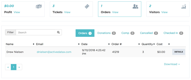View of Orders Section on Event Dashboard